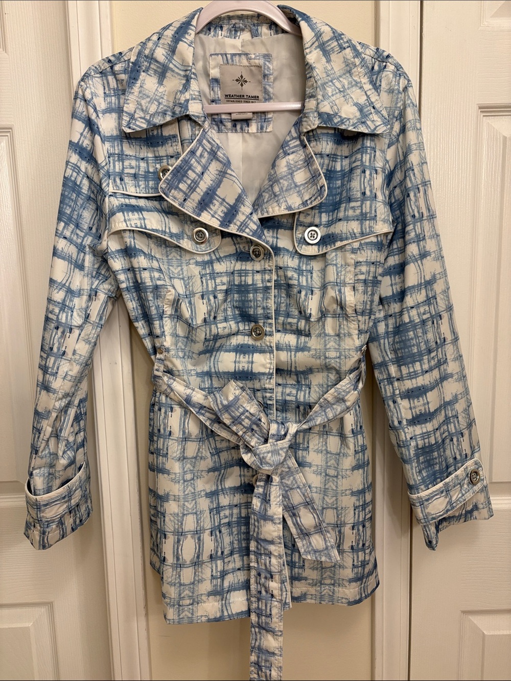 Weather Tamer Blue & White Abstract Print Trench Coat with Belt